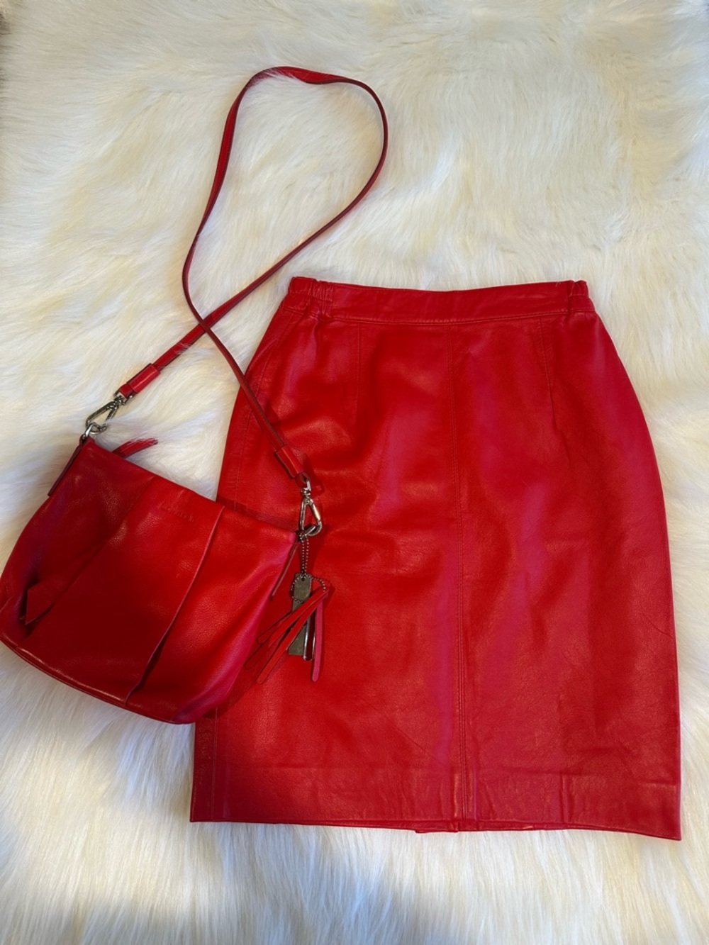 Suzelle Red Leather Skirt Sz 6 and Matching Crossbody Leather Calvin Klein